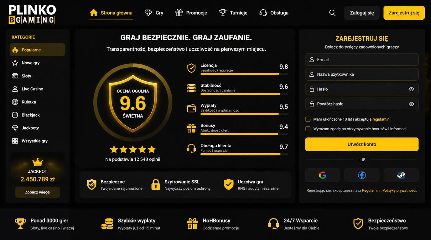 Ikony licencji, stabilności, bonusów i obsługi klienta reprezentujące kryteria wyboru kasyna